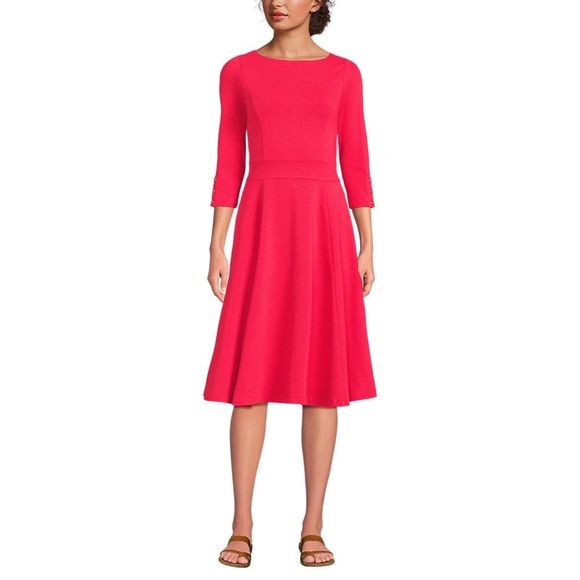 Land’s End Poppy Red Stretchy Boat Neck Quarter Sleeve Midi Dress Size Medium - Picture 1 of 9